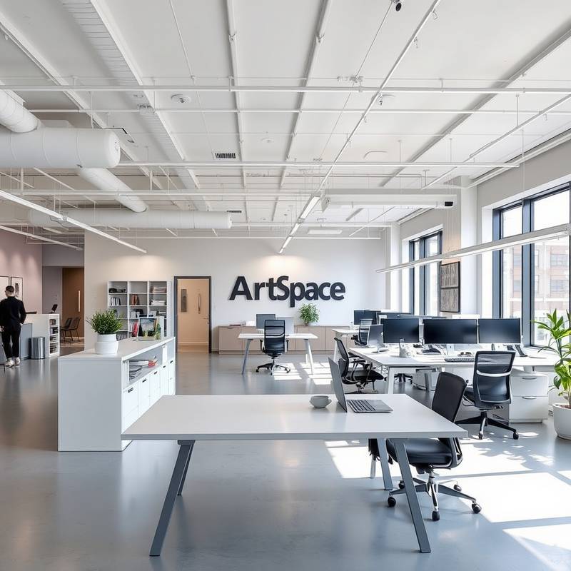 A beautifully designed office interior at ArtSpace Interiors, showcasing a collaborative workspace.