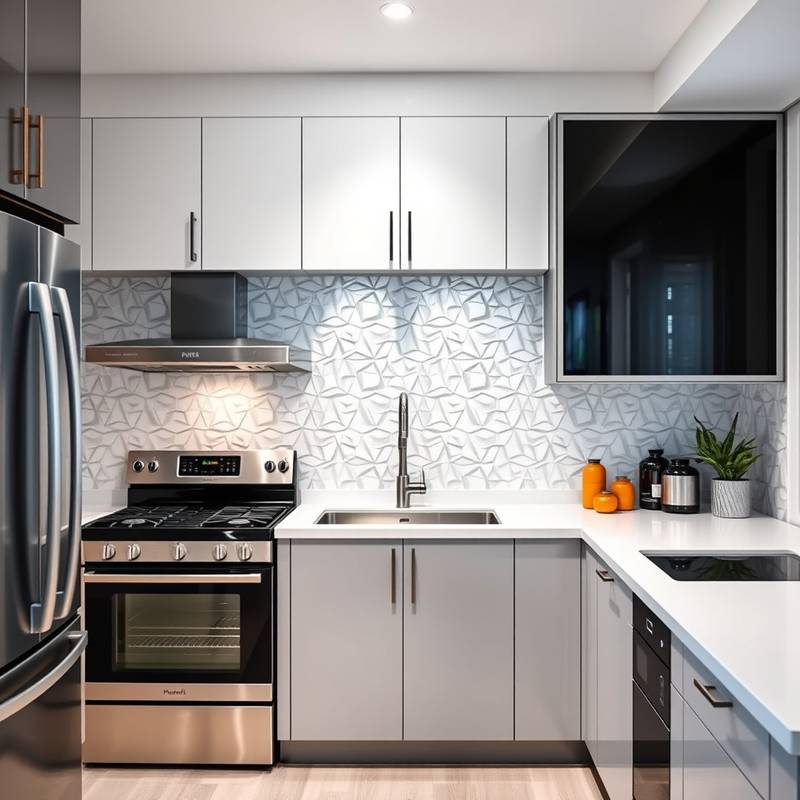 A contemporary kitchen with stainless steel appliances, minimalist cabinetry, and a geometric backsplash, highlighting functionality and modern design.