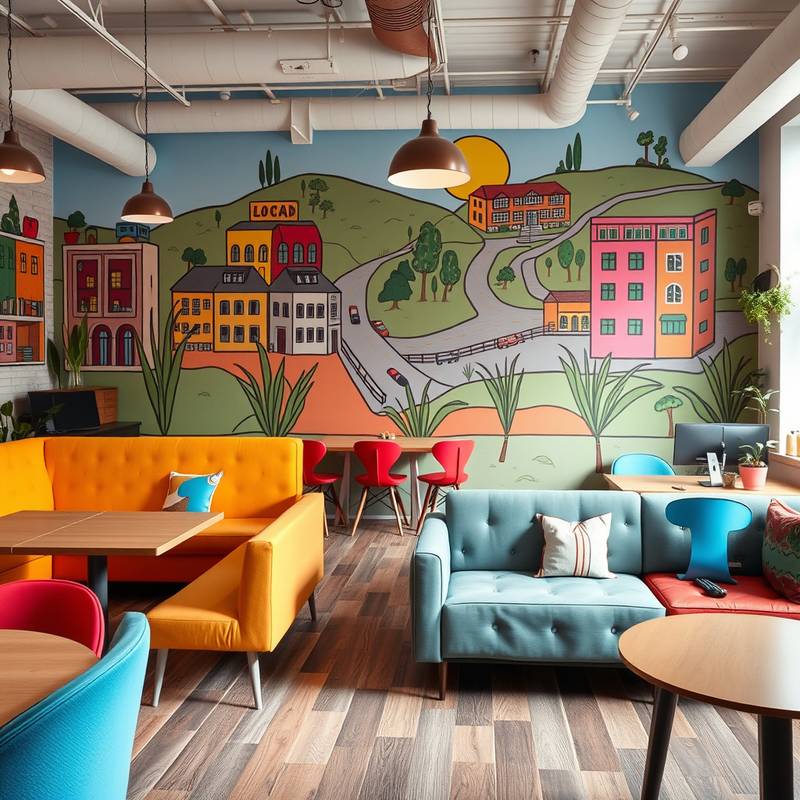 A cozy and vibrant co-working space with colorful furniture, collaborative workstations, and a mural showcasing local artists, promoting creativity and productivity.