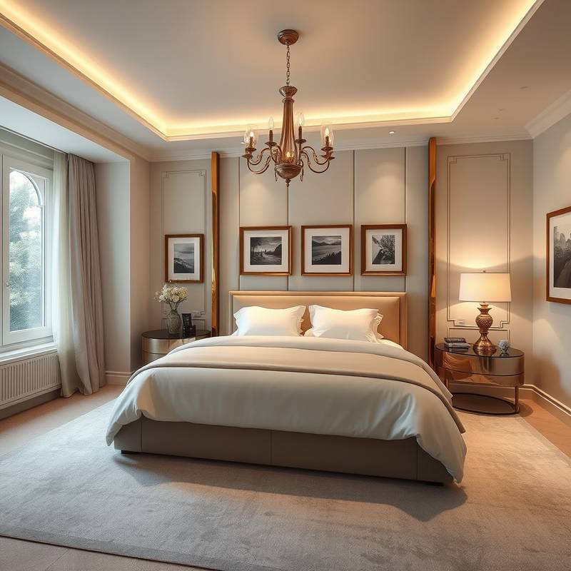A luxurious bedroom with a king-sized bed, elegant lighting, and a curated selection of framed photographs, creating a serene and comfortable retreat.