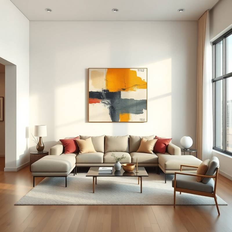 A modern living room with minimalist furniture and a large abstract painting, showcasing a blend of contemporary design and art.