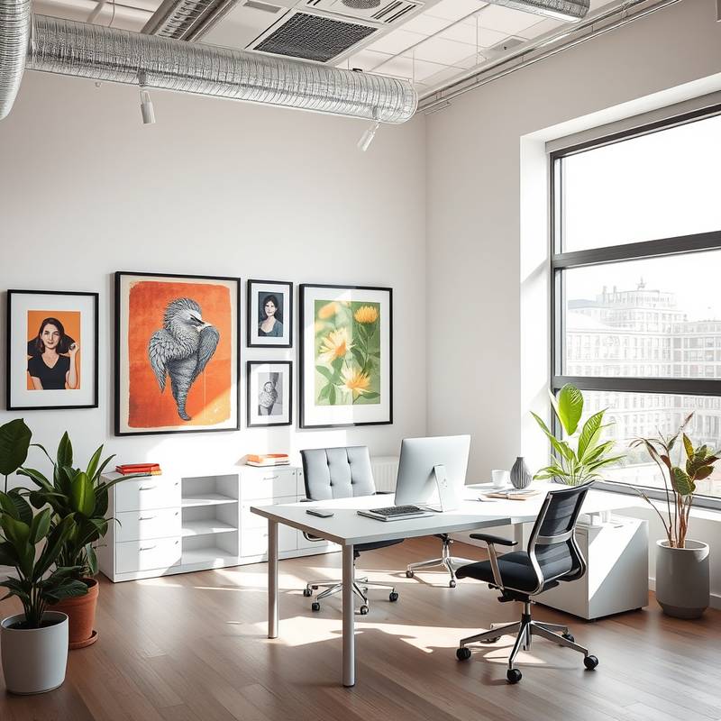 A modern office space featuring carefully curated art, illustrating art curation services.