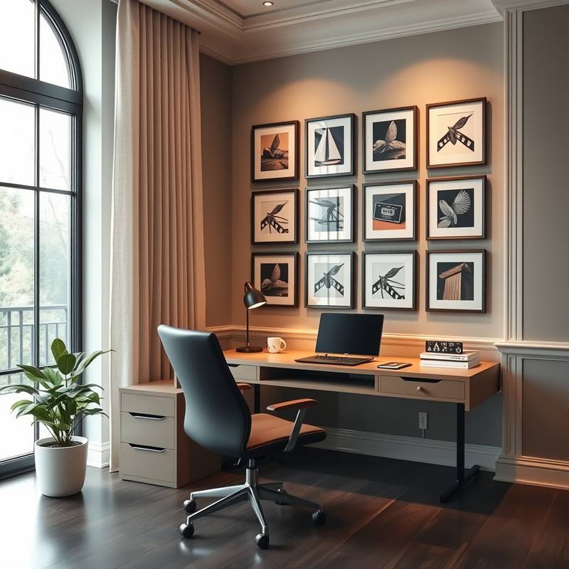 A sophisticated home office featuring a custom desk, ergonomic chair, and a gallery wall of framed prints, promoting focus and inspiration.