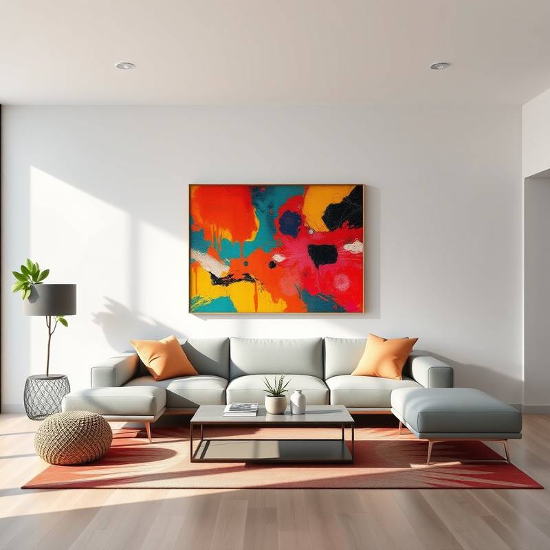 A vibrant modern art piece displayed in a minimalist living room.