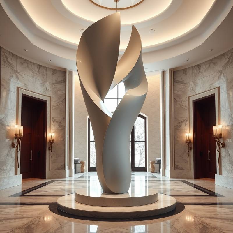 An abstract sculpture placed in the entrance of a grand hall, adding a touch of elegance.