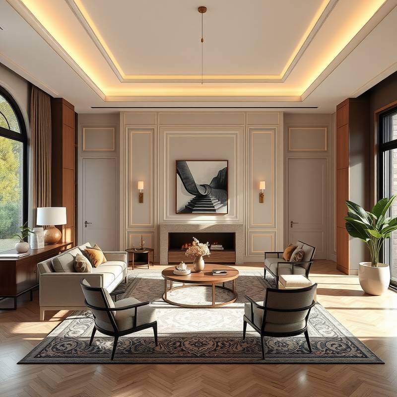 An example of interior design with harmonious color palettes and furniture arrangement.